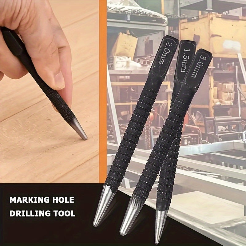 3-Piece High-Carbon Steel Center Punch Set 1.5-3mm Metal Wood Marking