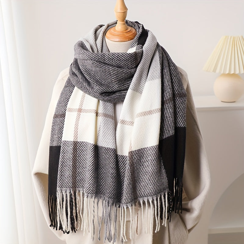 Qishki shalv ayollar uchun faux kaşmirli plaid, tasselled, vintage uslub