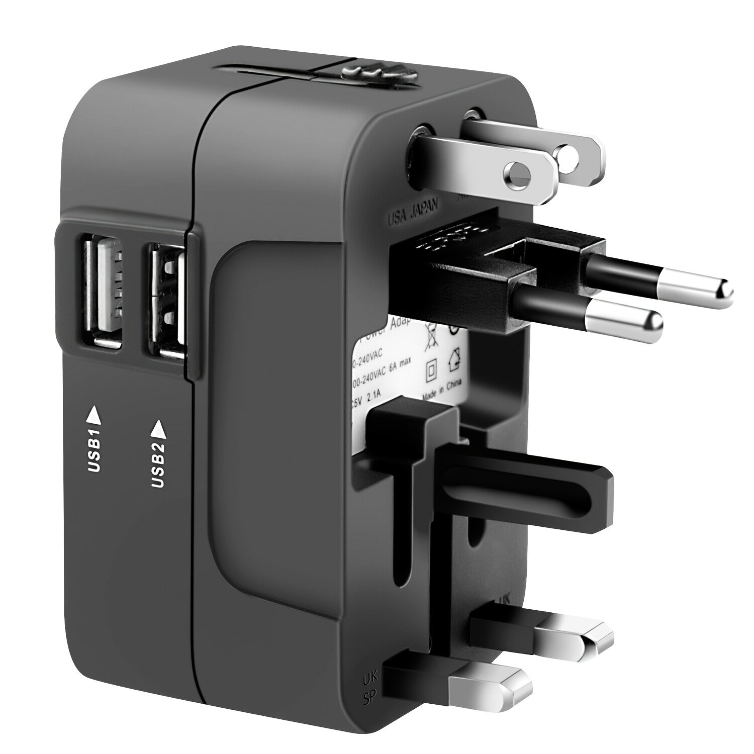 Adaptador de corriente de viaje con puertos USB duales, enchufe US UK EU, tamaño compacto, salida máxima de 36V