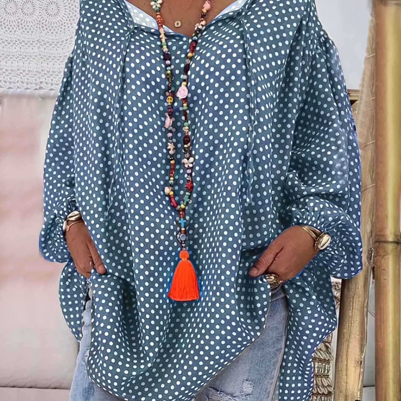 Plus Size Women's Casual V-Neck Tie Front Blouse Blue White Polka Dots