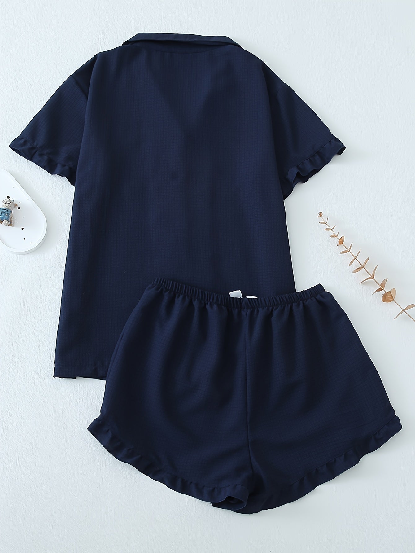 Teen Polyester Pajama Set with Solid Color, Short Sleeves, Ruffle Shorts for All-Season Sleepwear