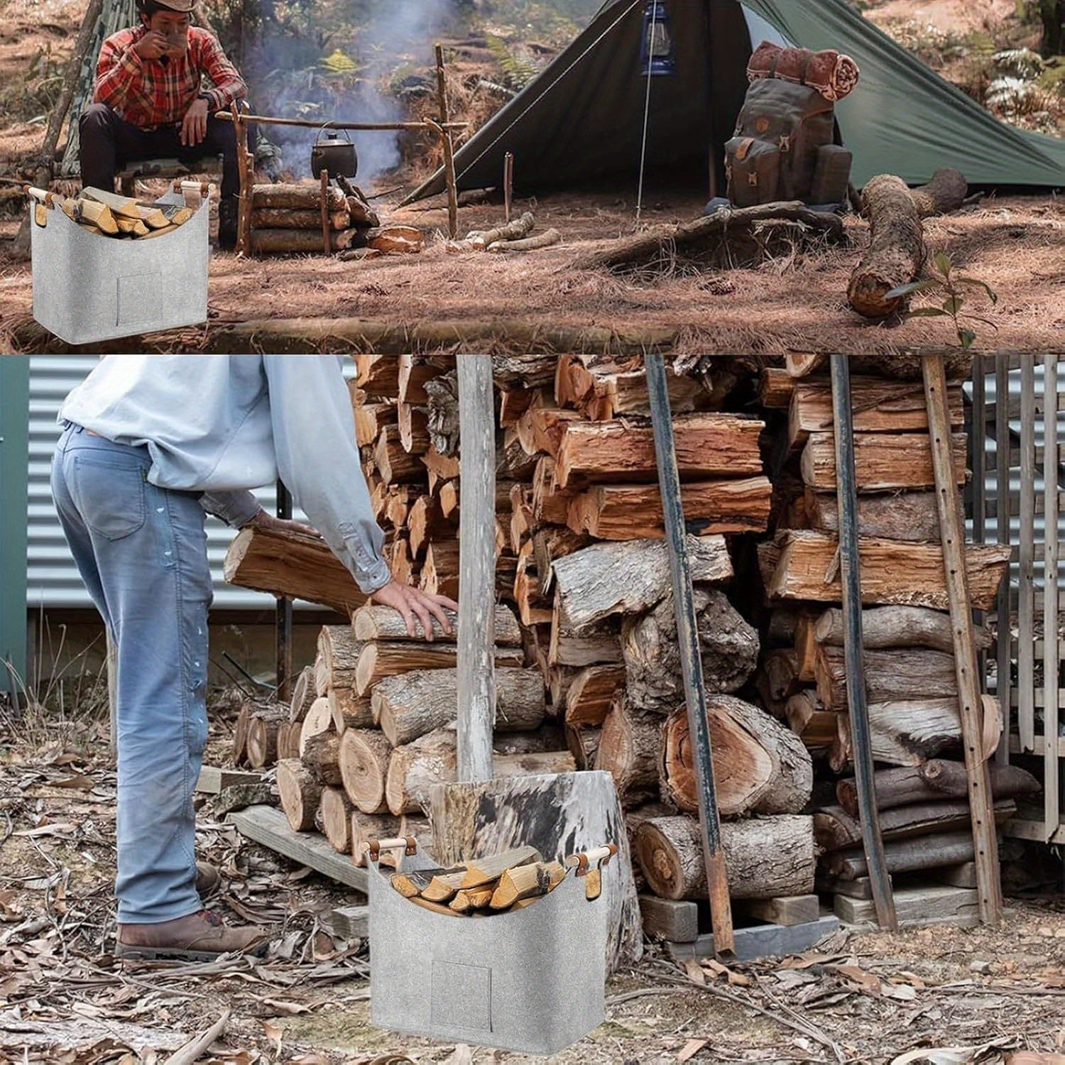 Large Grey Firewood Basket with Handles, Wall-Mounted Firewood Holder, 36kg Capacity