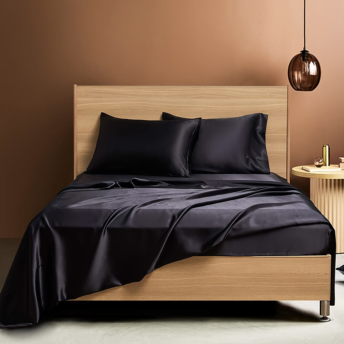 Satin Fitted Sheet Set 4-Piece Bed Bedding Flat Pillowcases Solid Color