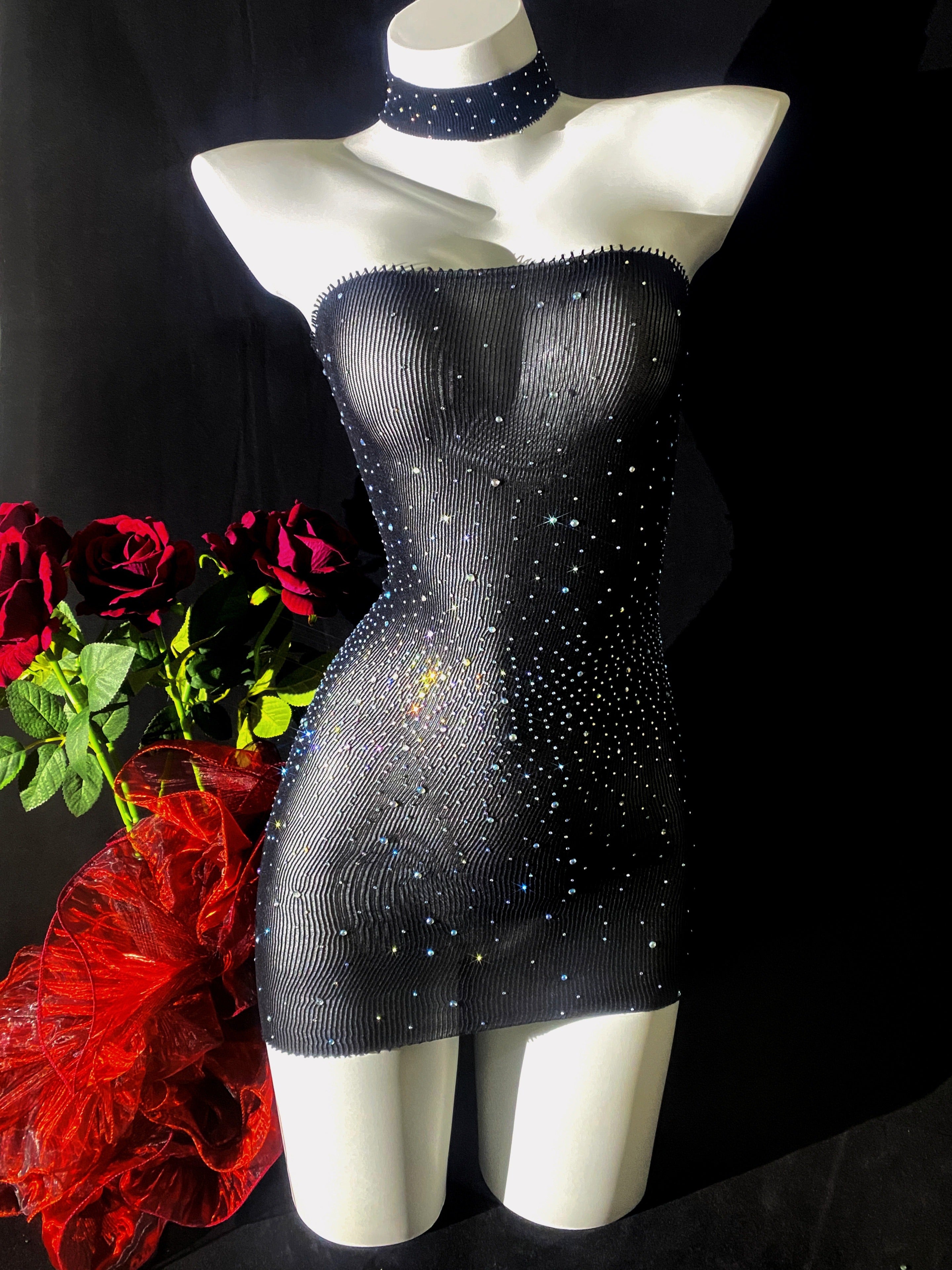 Women Sheer Mesh Rhinestone Bodycon Dress Sleeveless Black Cue