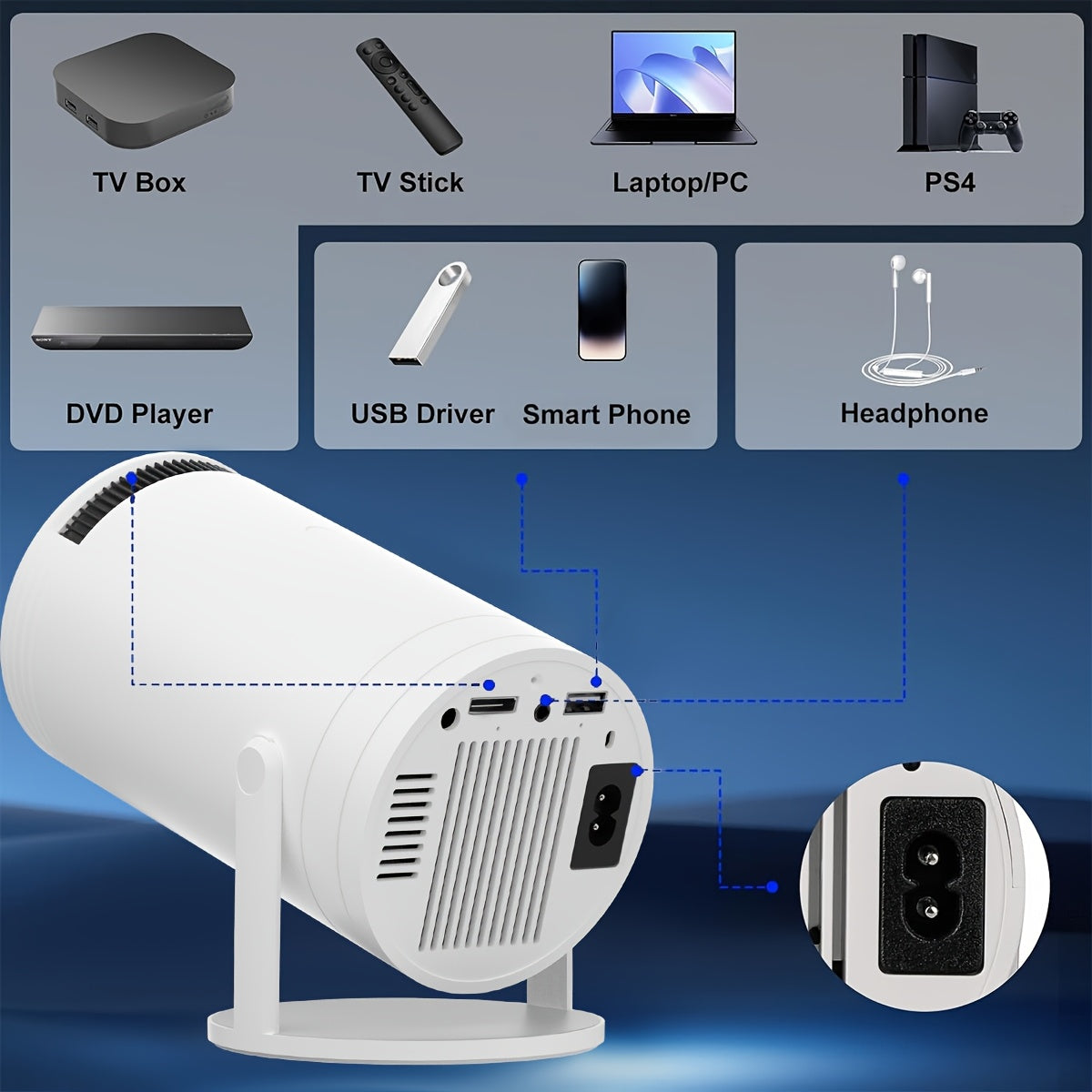 Mini portativ proyektor 1080P 180° buriladigan 3.3m ekran oq