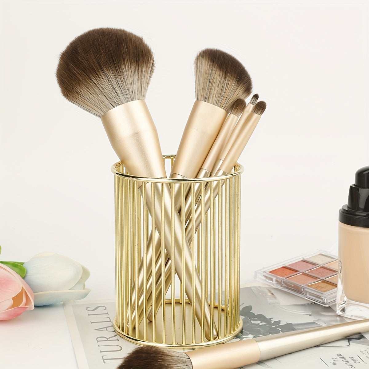 Golden Iron Makeup Brush Holder Rust Resistant Polished Finish Desktop Organizer