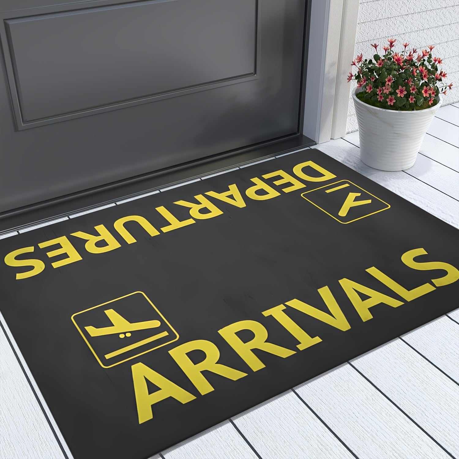 Black Door Mat with Airplane Design Non-Slip Absorbent Indoor Rug