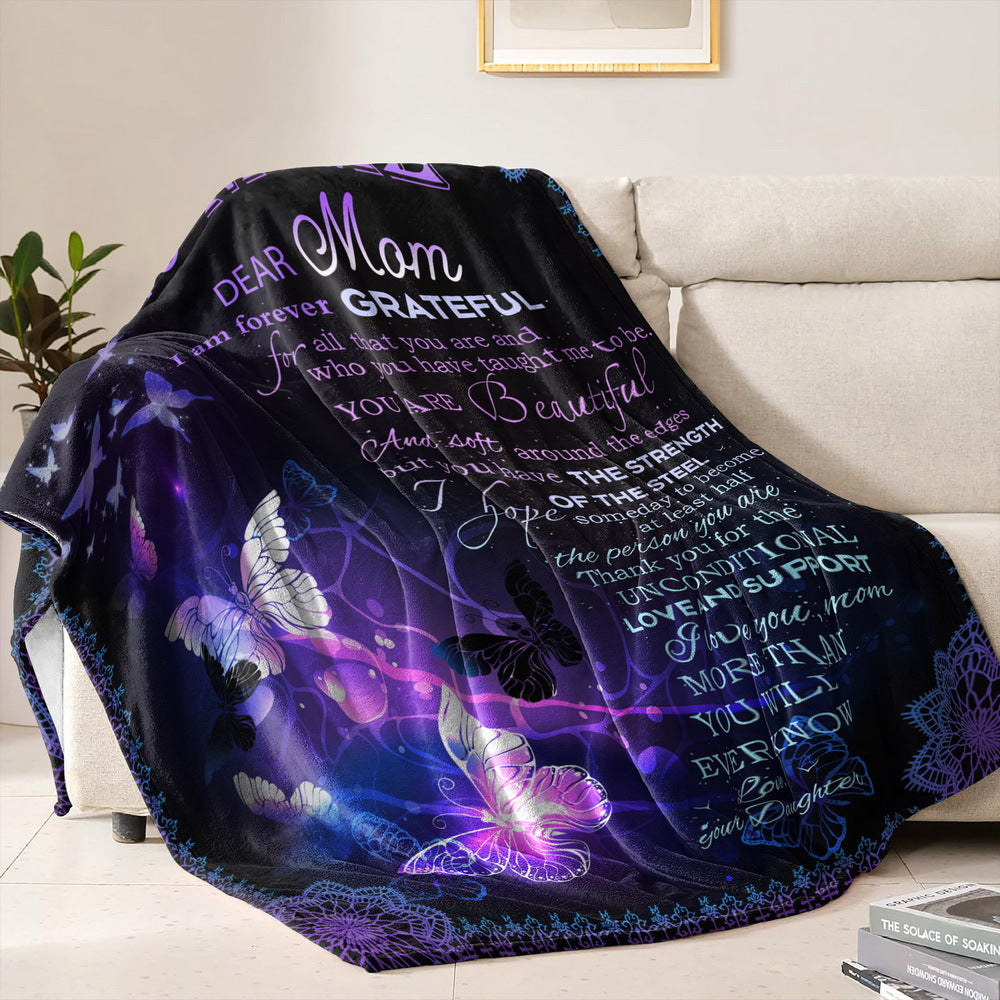 Purple Flannel Blanket Personalized with Custom Text for Mom's Blessing Theme for Cozy Sleep or Camping