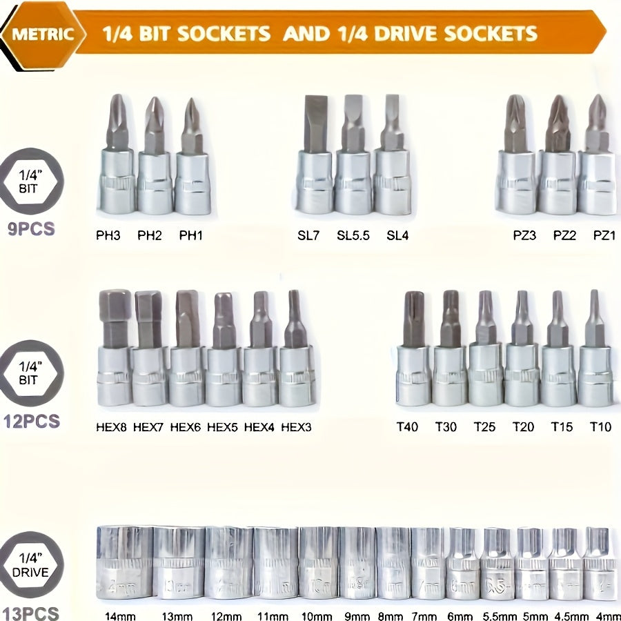 Juego de llaves de vaso de acero cromo vanadio de 46 piezas con trinquete de 1/4 de pulgada y estuche de almacenamiento