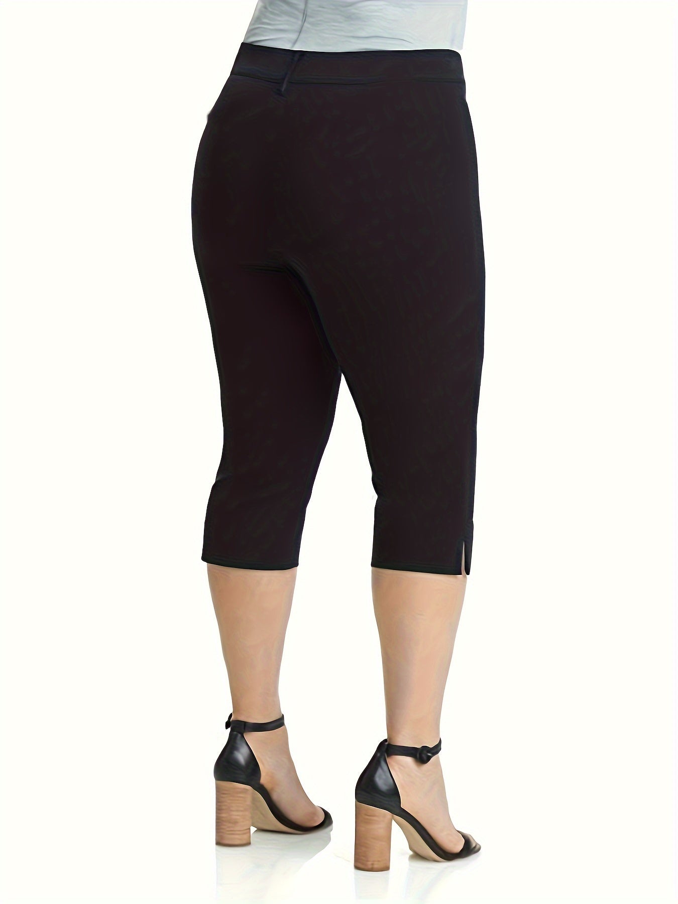 Plus Size Capri Pants For Women Stretchy Polyester Solid Color Pockets