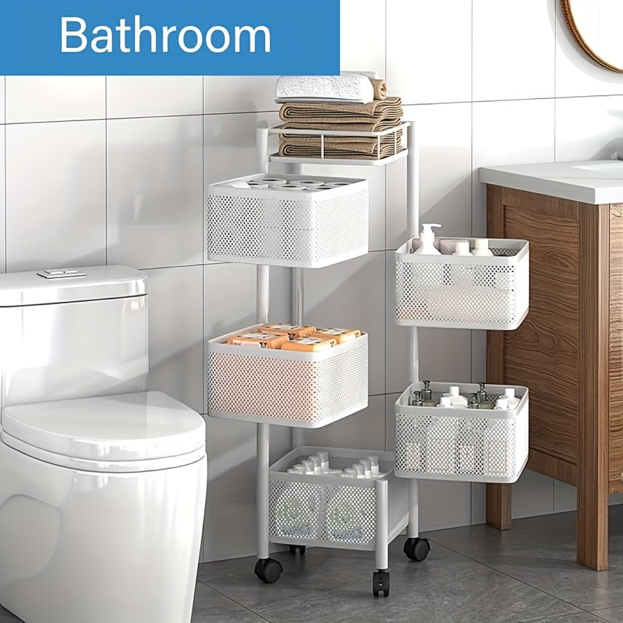 Estante de almacenamiento giratorio de metal cuadrado con ruedas y tubos dorados para cocina y baño