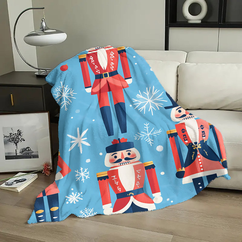 Quilted Polyester Flannel Throw Blanket with Cartoon Nutcracker Pattern for All-Season Use