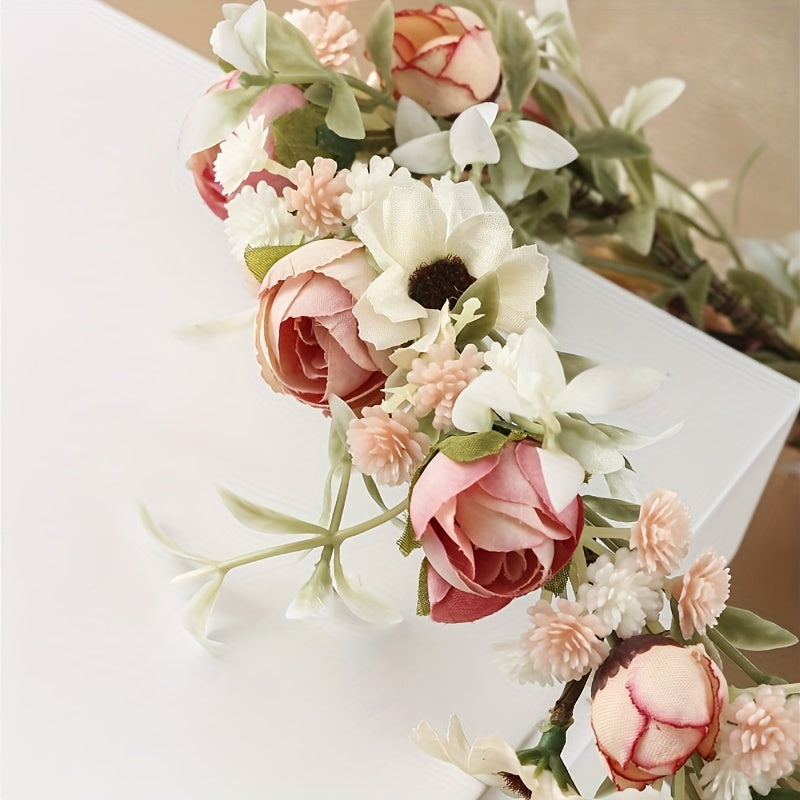 Women's Flower Headband Boho Bridal Wreath Wedding Hair Crown with Ribbon