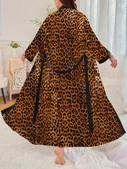Plus Size Women's Leopard Print Color Block Robe Sleepwear