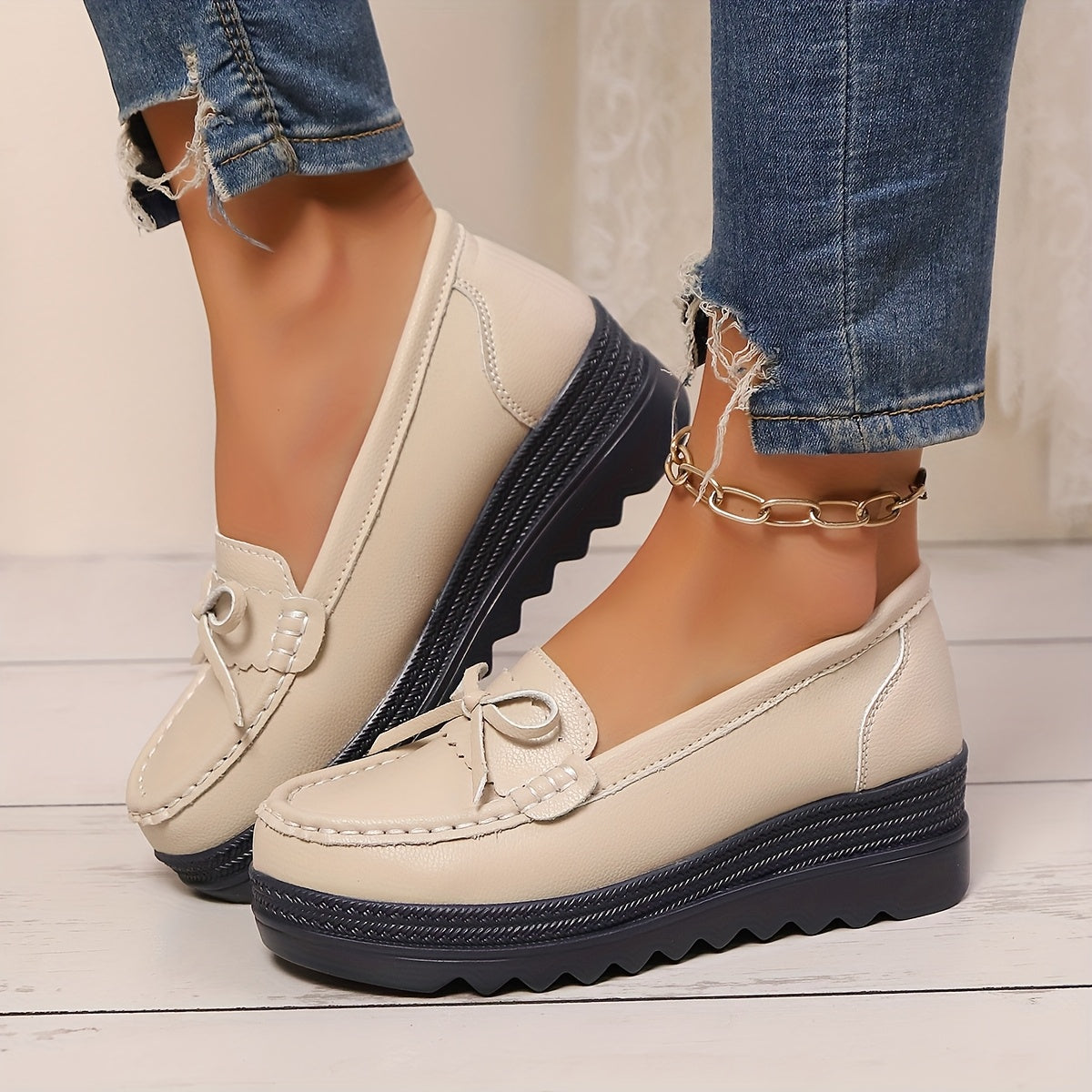 Women's Black Faux Cover Slip-On Loafers with Bow, Lightweight, Comfortable