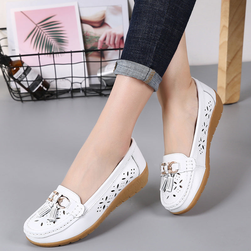 Women's Embroidery Loafers with Metal Tassel Hollow Out Soft Platform Shoes