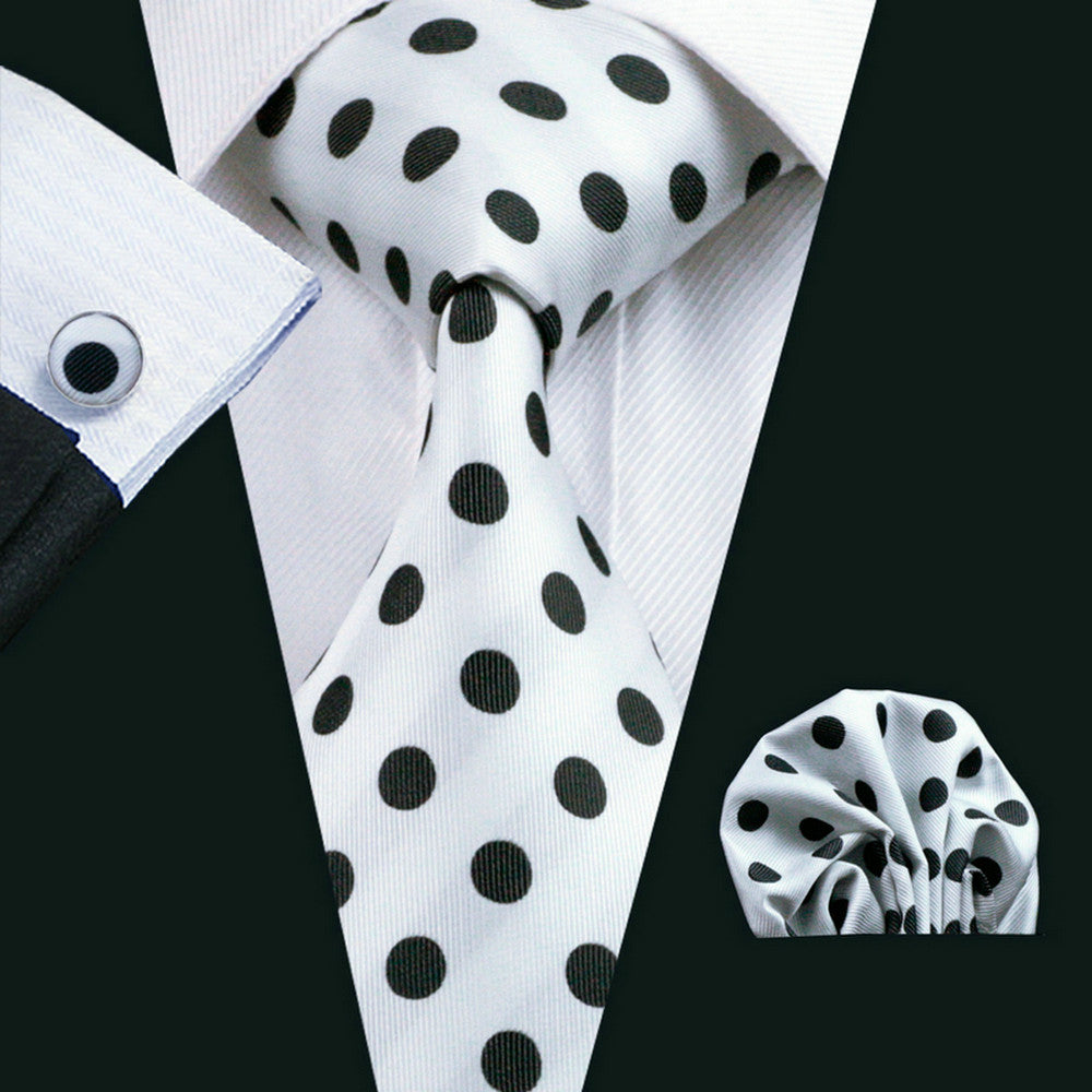 Men's Accessories Set Polka Dot Necktie Pocket Square Cufflinks Gift