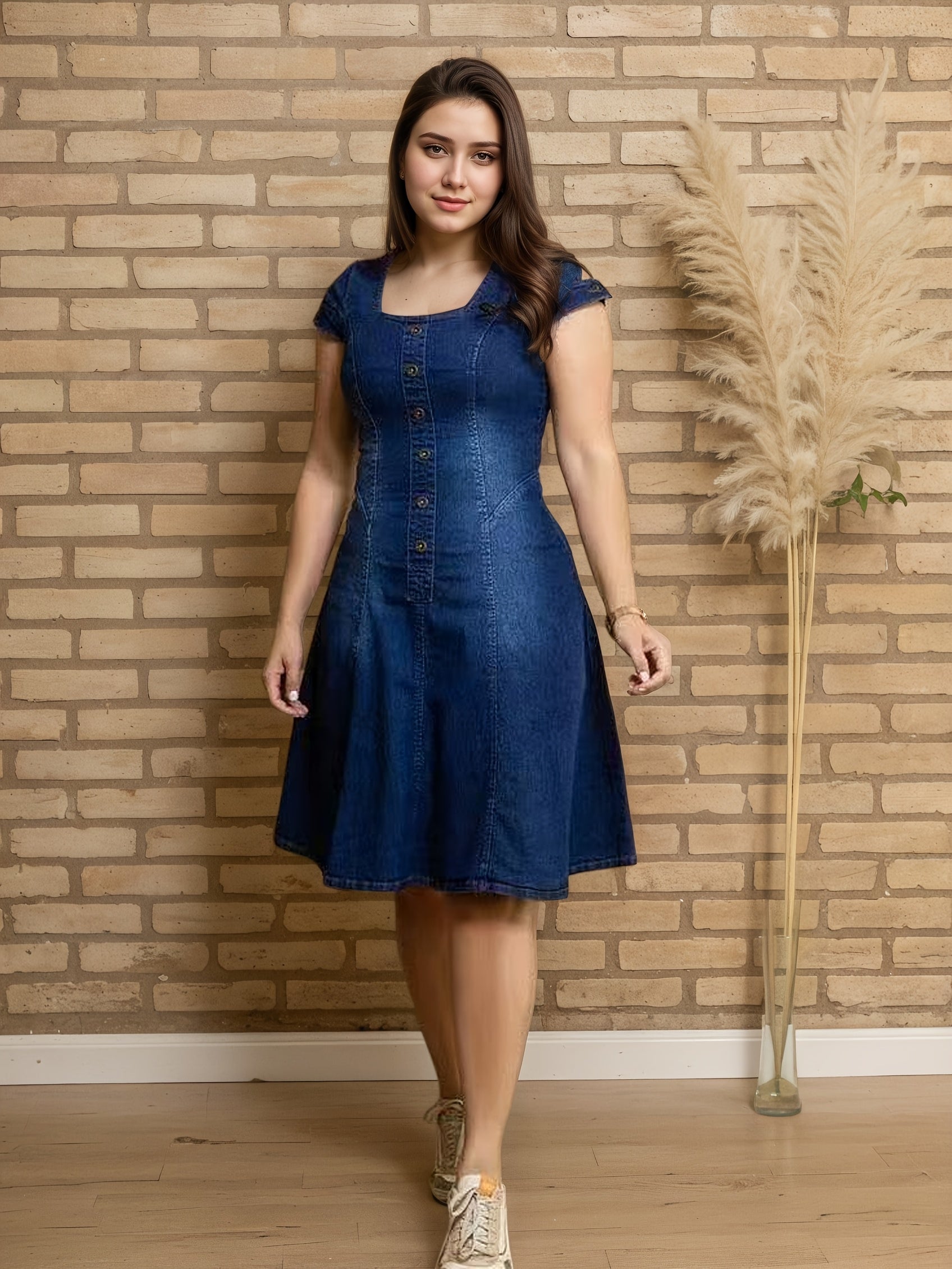 Vestido midi casual a formal para mujer de talla grande, azul marino elástico con escote cuadrado