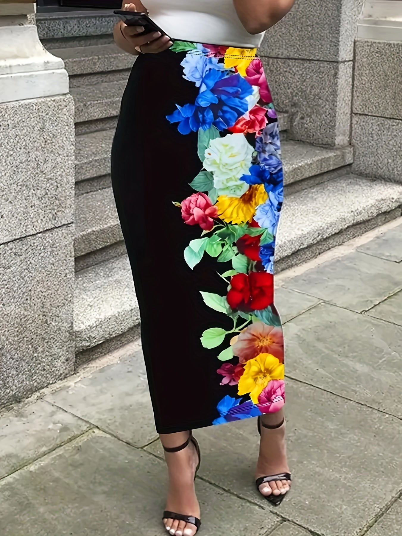 Plus Size Floral Print Bodycon Midi Skirt Stretchy Pencil Skirt All-Season