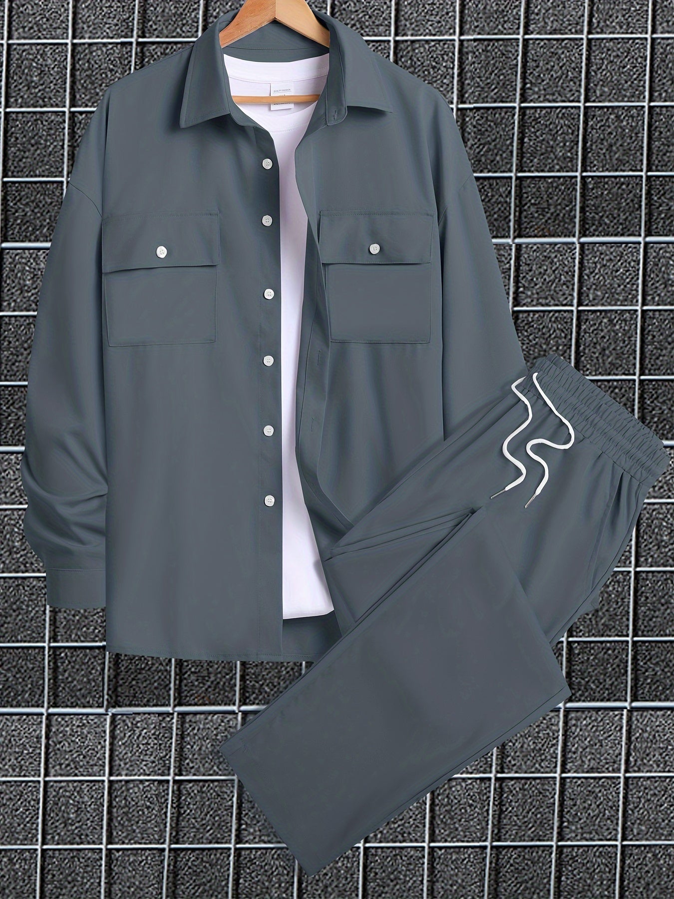 Men's Plus Size Solid Polyester Shirt and Pants Set for Fall Winter Casual