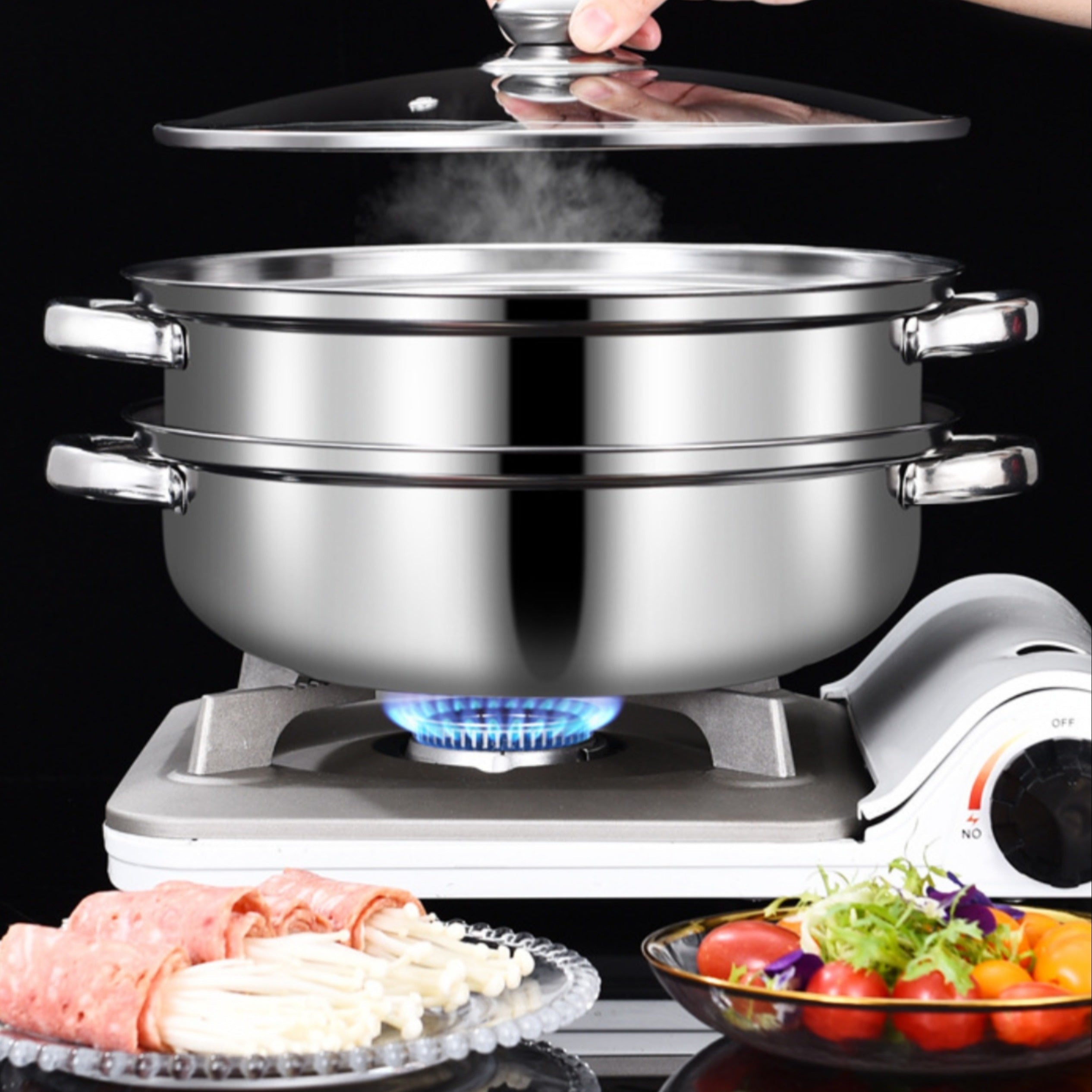 Durable 28cm Stainless Steel Multi-Functional Hot Pot and Double Soup Steamer