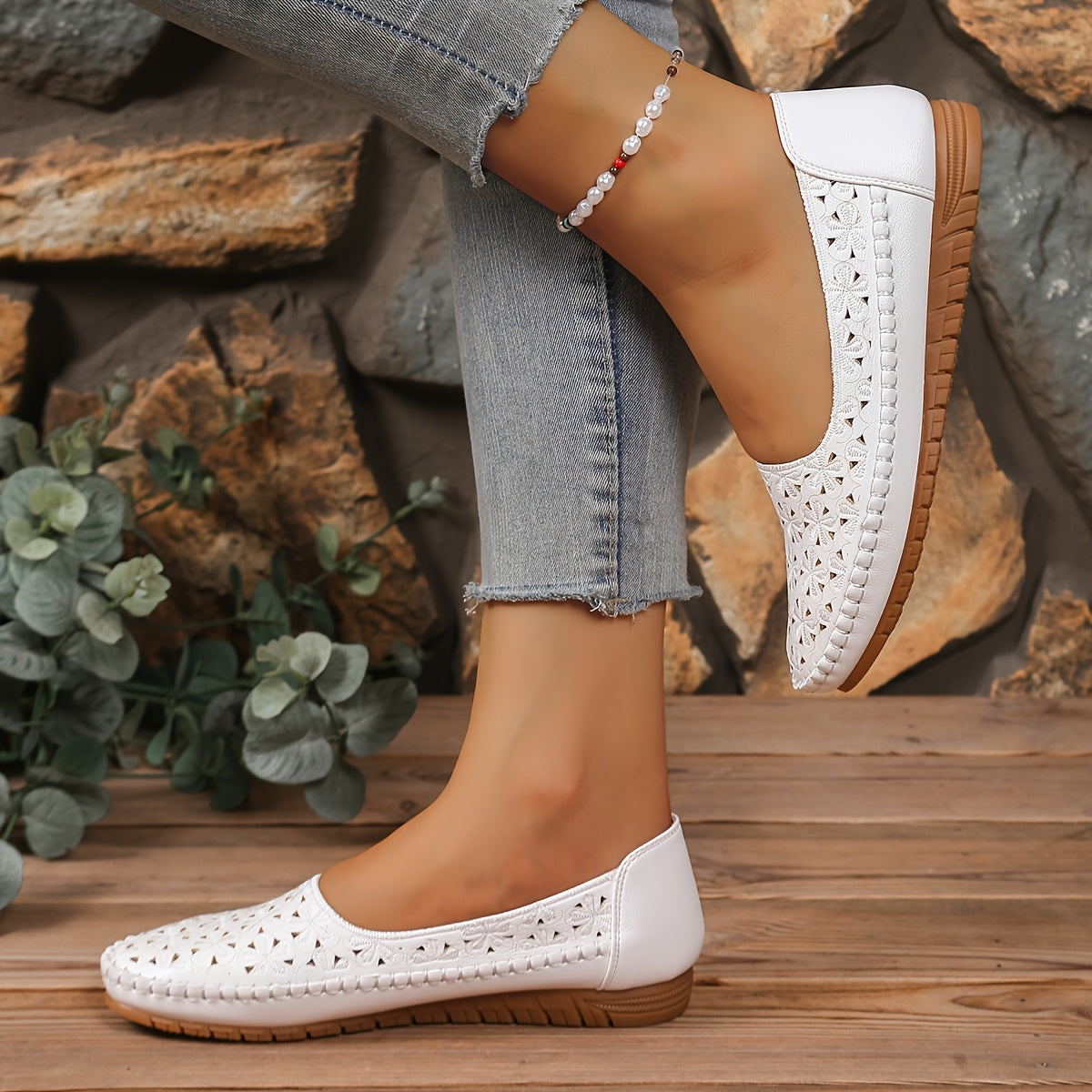 Women's White Cut-Out Slip-On Flats Synthetic Casual Shoes TPR Sole