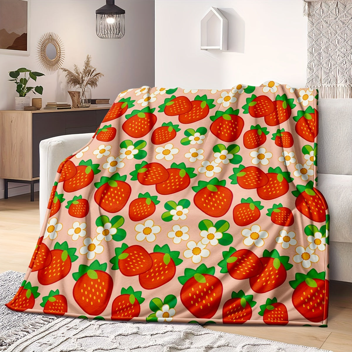 All-Season Microfiber Throw Blanket with Strawberry and Flower Pattern for Women