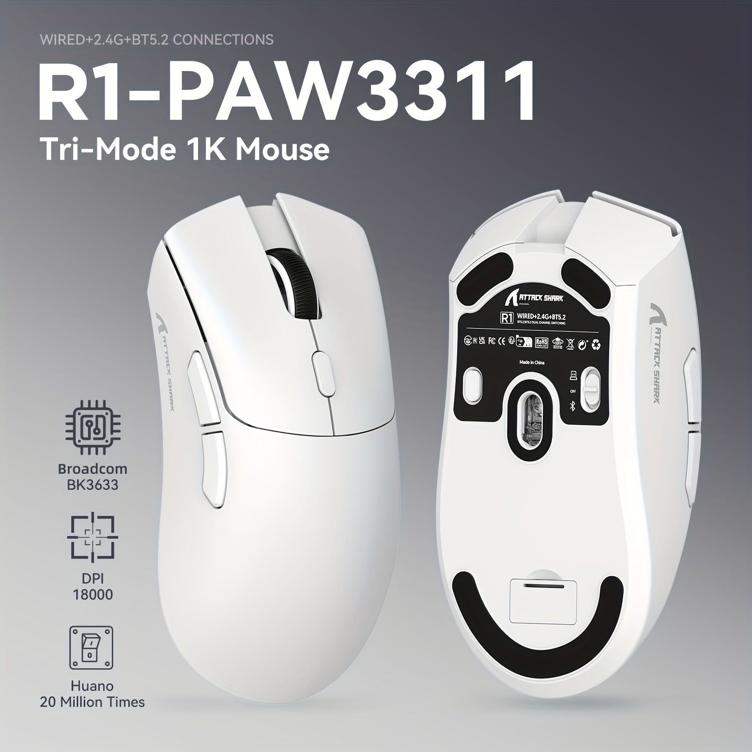 Wireless Gaming Mouse 18K DPI Optical Ambidextrous Ultralight 59g Tri-Mode Connectivity