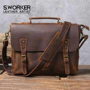 Men's Cowhide Leather Briefcase Laptop Messenger Bag Casual Style Zipper Closure