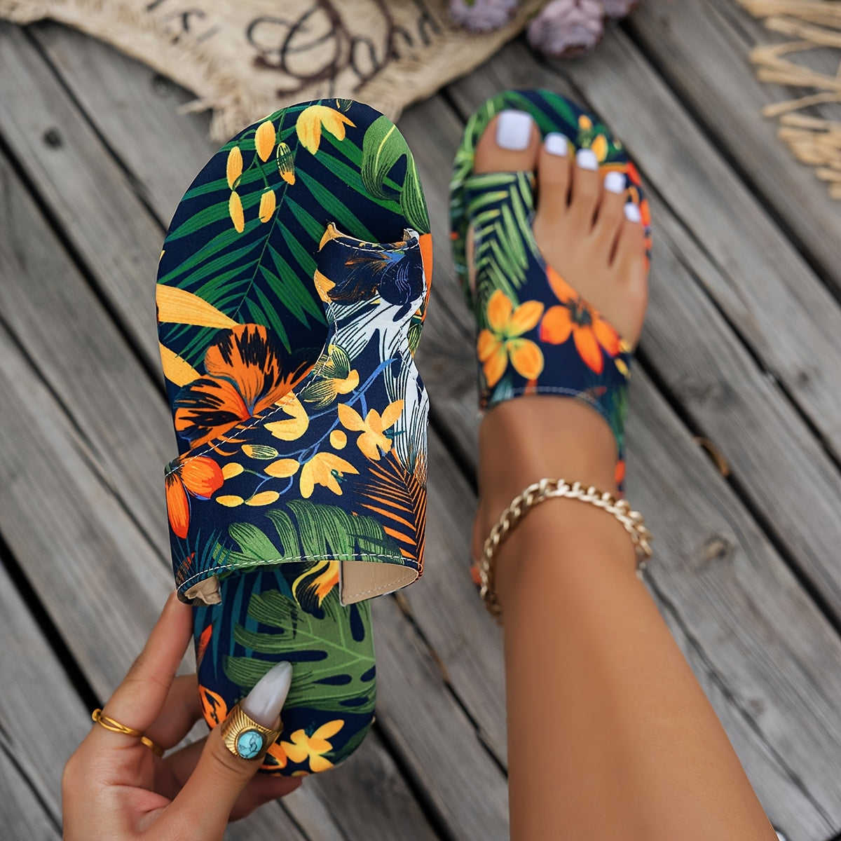 Women's Printed Flat Slippers Open-Toe Indoor Outdoor Slides