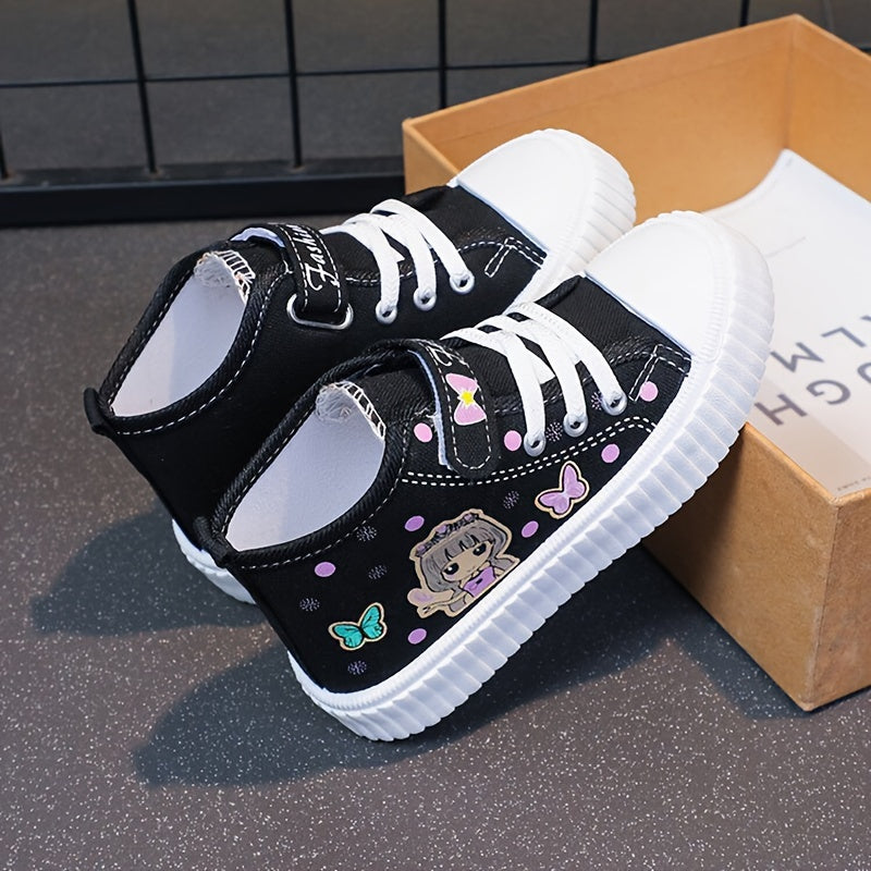 Girls' Canvas High-Top Sneakers with Cartoon Girl and Butterfly Design Breathable Rubber Sole