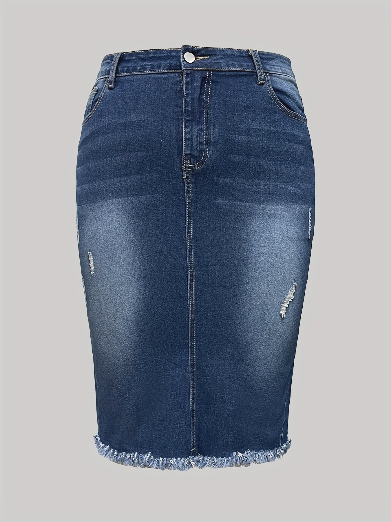 Women's Plus Size Denim Skirt Knee-Length A-Line Casual Jean with Distressed Hem