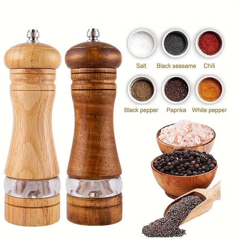 Set of 2 Adjustable Wooden Pepper and Sea Salt Grinders, Refillable, Manual Spice Mills