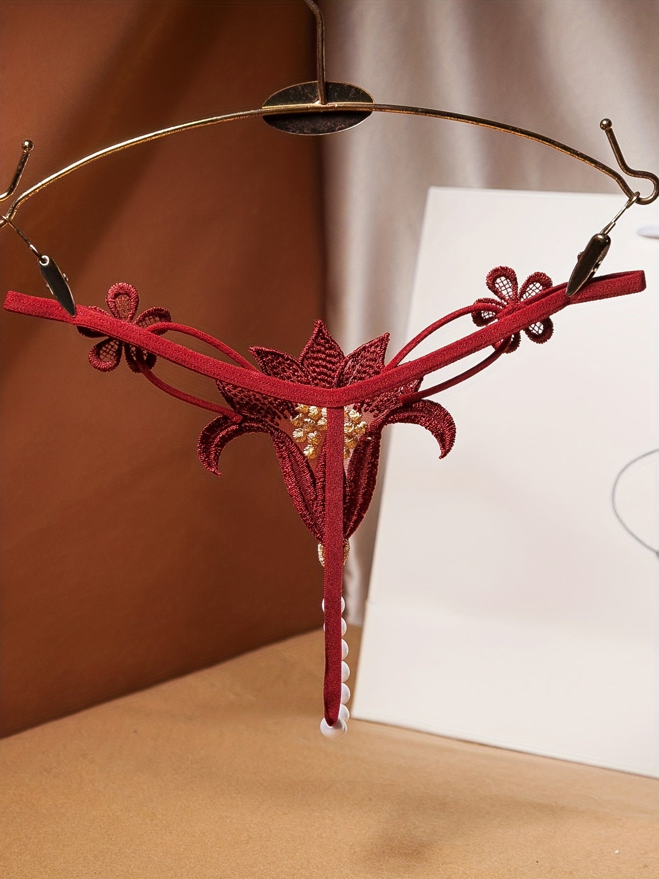 Set of 4 Lace Crochet Thong Panties with Pearl Embellishments Low-Rise Assorted Colors