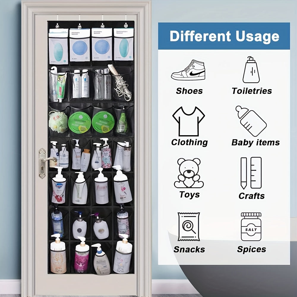 Foldable Black and Grey Over-the-Door Shoe Organizer with 28 Pockets and Metal Hooks