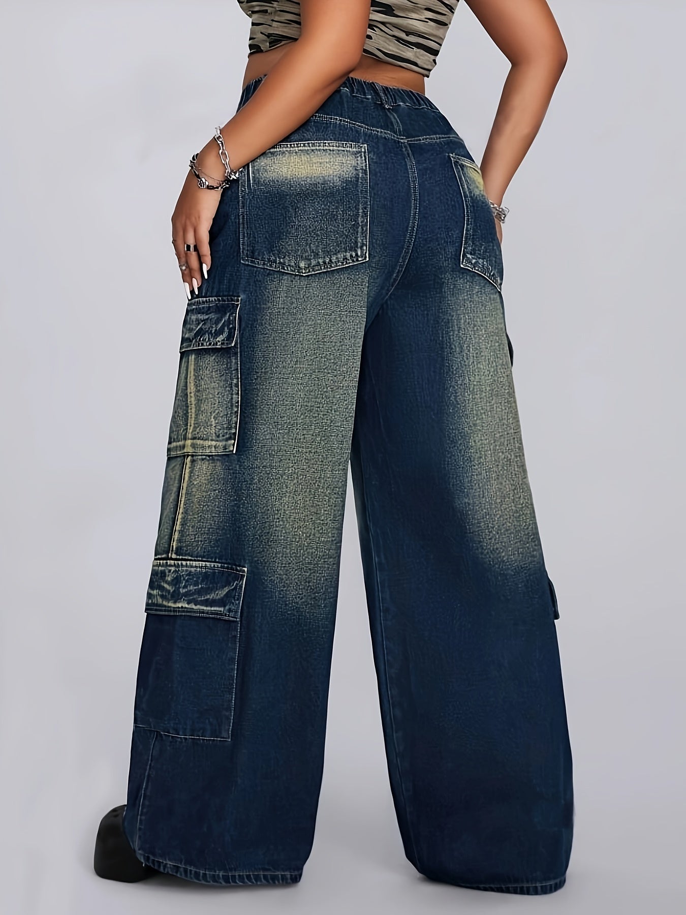 Plus Size Cargo Jeans Relaxed Fit Wide-Leg Denim Pants Casual All-Season