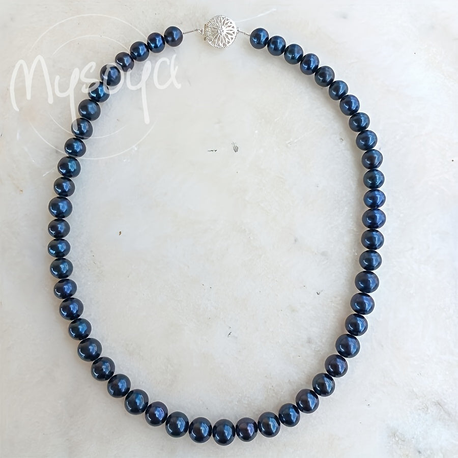Collar de perlas de agua dulce azul con cierre de flor de plata, perlas de 8-9mm, regalo de piedra de nacimiento de junio para mujeres