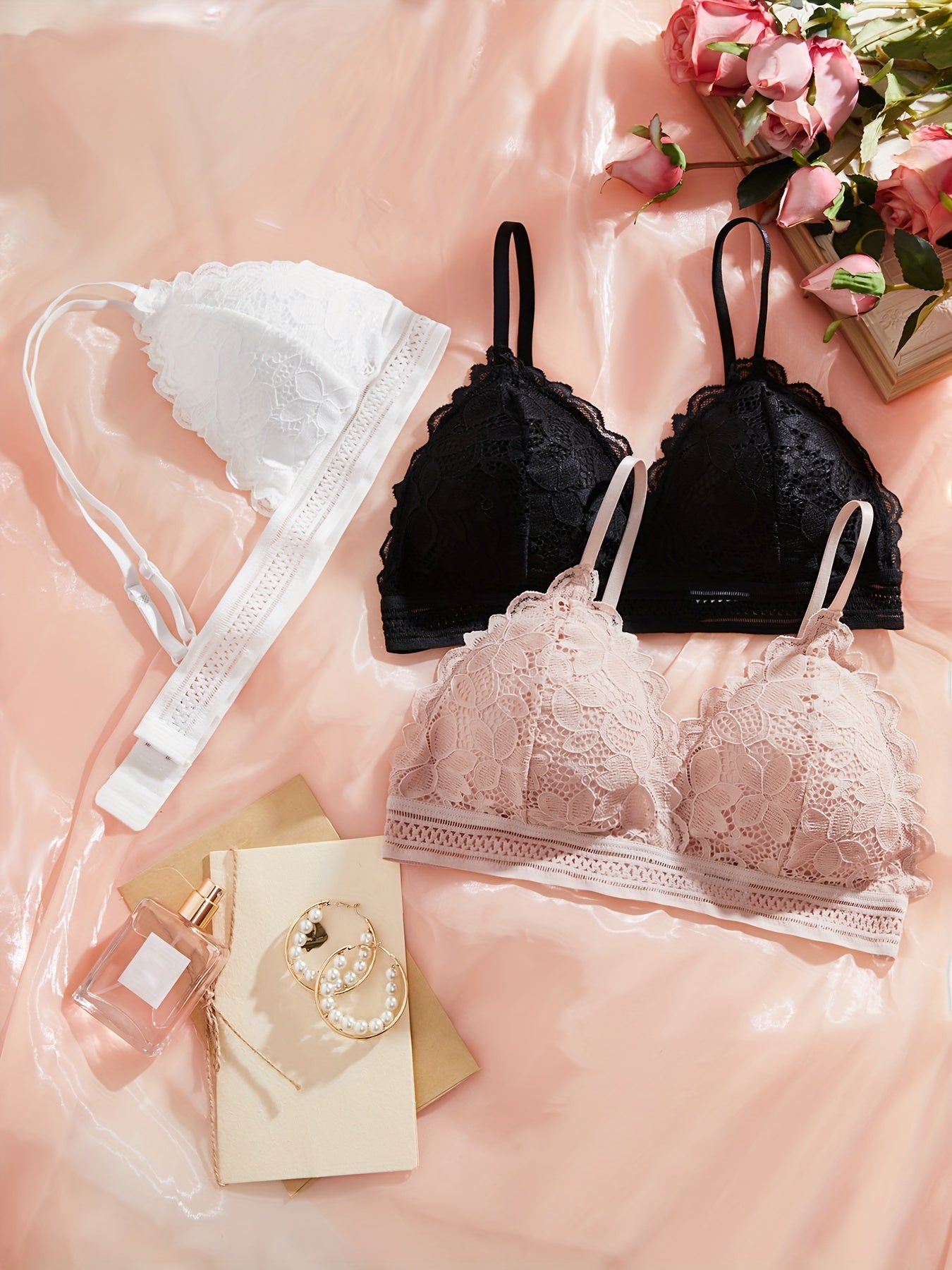 Women's Floral Lace Wireless Bra Set 3 Pieces Comfortable Breathable Lingerie
