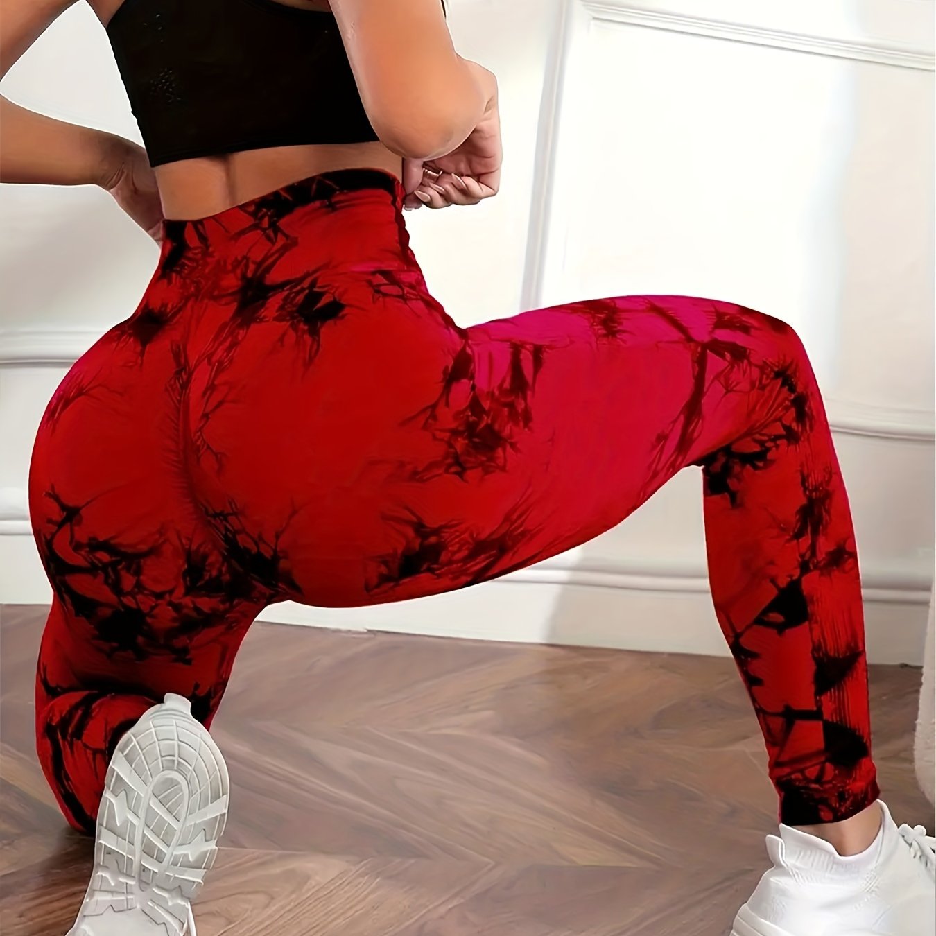 Women's High-Waist Peach Tie-Dye Yoga Leggings Seamless Breathable Nylon Elastane