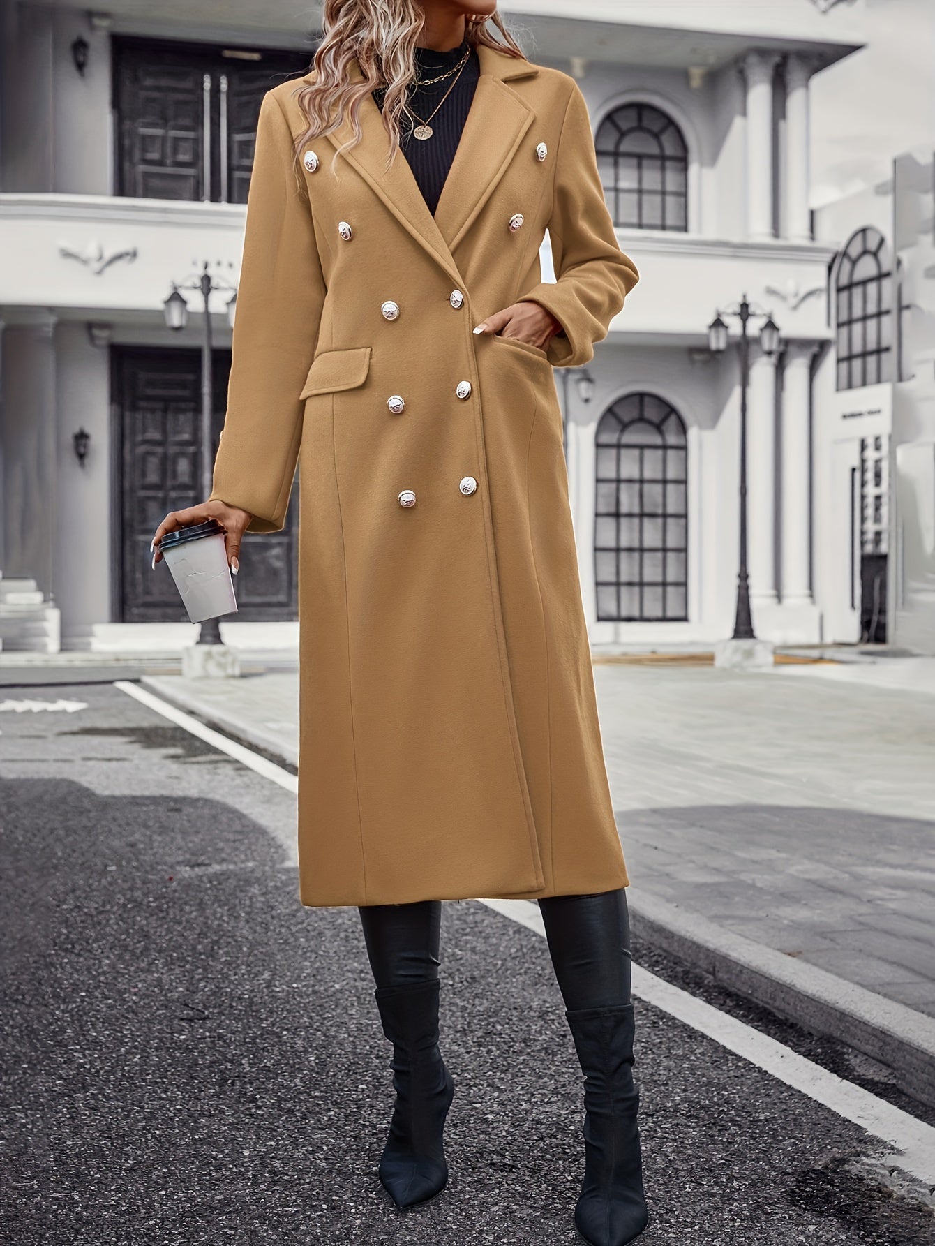 Women's Polyester Double-Breasted Coat with Lapel Long Sleeve Pockets Autumn Winter