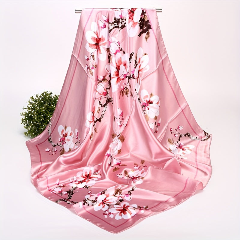 Navy Blue Floral Satin Square Scarf with Pink Flower Design and Elegant Border