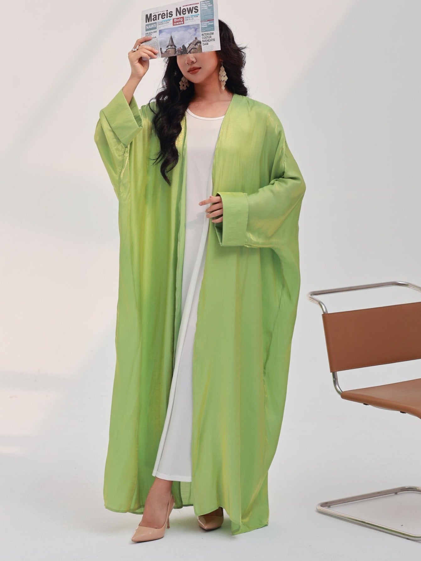 Plus Size Turkish Kaftan Dress Satin Finish Long Sleeve Pink Ankle-Length