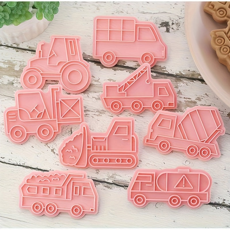 Set of 8 Construction Vehicles Cookie Cutters with Embosser and Baking Tools