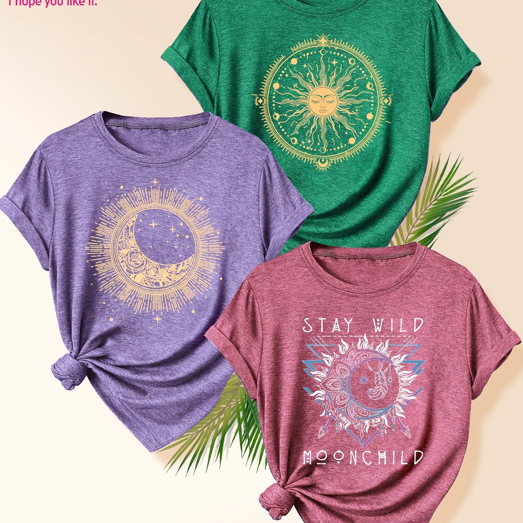 Women's 3 Pack Vintage-Inspired Sun & Moon Graphic T-Shirts Short Sleeve Polyester Blend