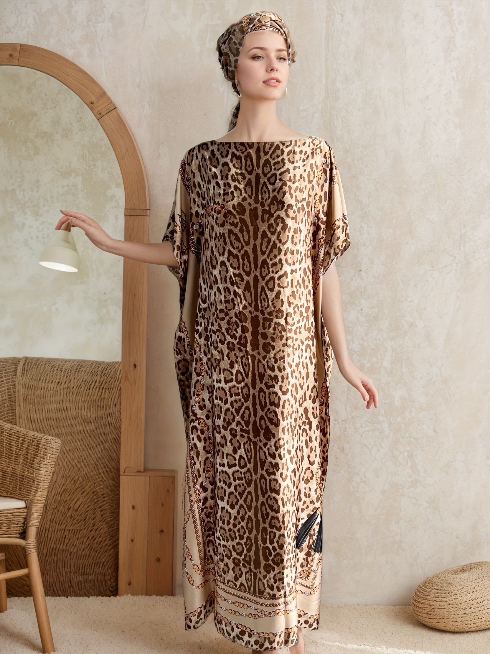 Plus Size Women Leopard Print Maxi Dress with Scarf Batwing Sleeves