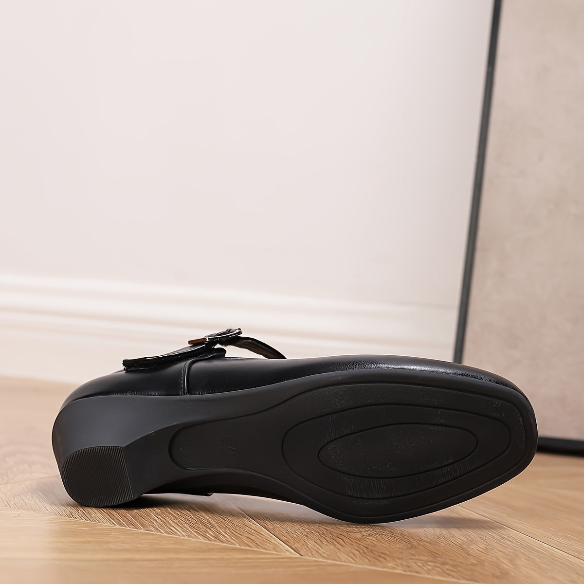 Women Black Synthetic Cover Square Toe Low Block Heel Pumps All-Day Casual Formal