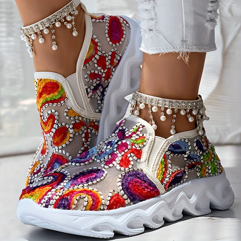 Women's Embroidered Fabric Slip-On Sneakers with Rubber Sole
