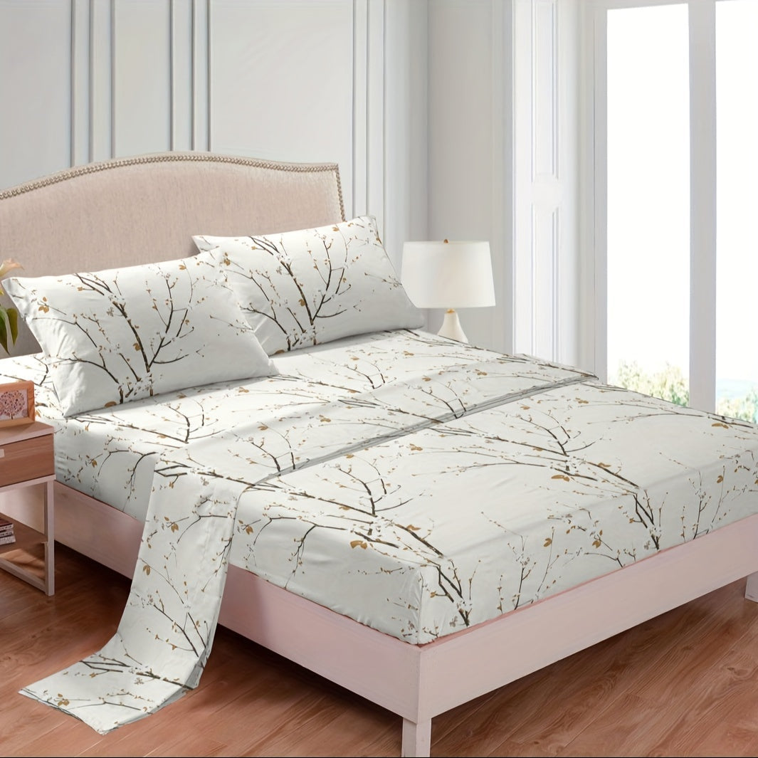 Set of Four Flower Print Fitted Sheets with Pillowcases Breathable Soft Cotton