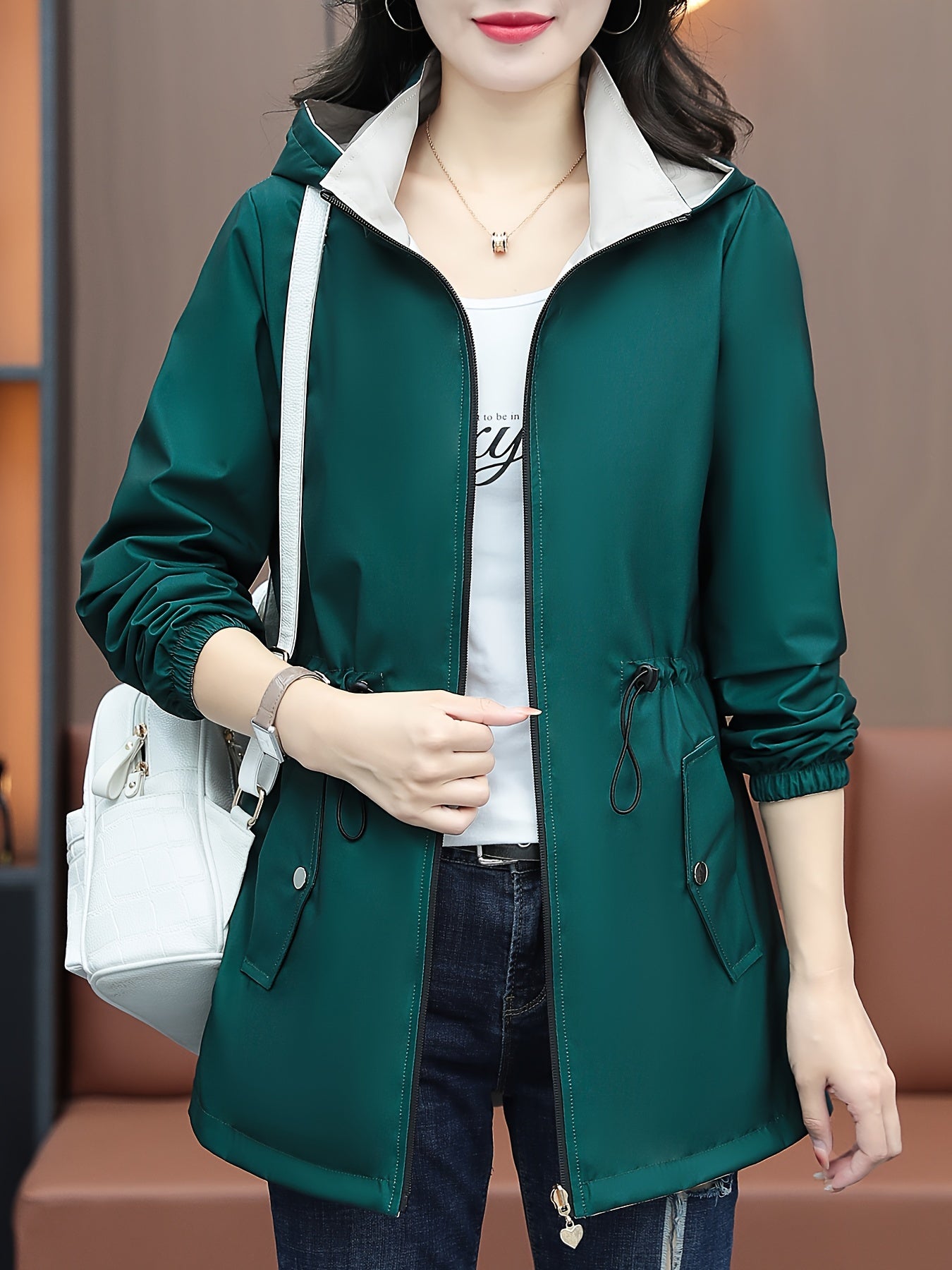 Women's Casual Polyester Zip-up Hoodie Windbreaker Jacket with Drawstring Waist for Spring Fall