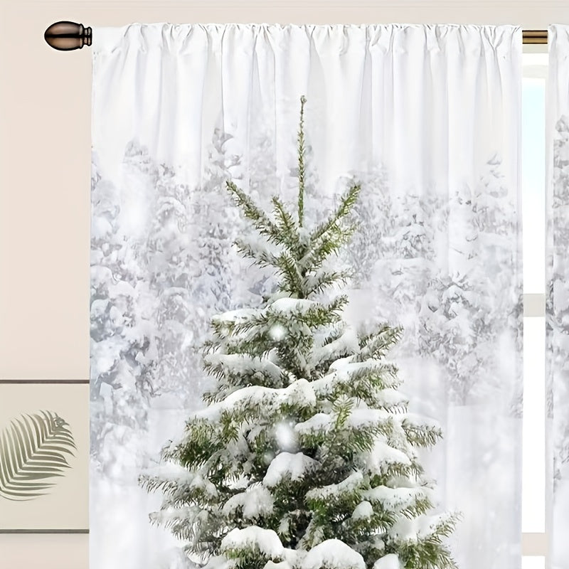 Juego de 2 cortinas verdes navideñas para café con diseño de árbol de pino y nieve, lavables en poliéster para sala de estar, cocina, oficina